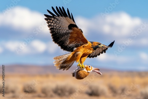 A hawk catching a rabbit, with its talons gripping the struggling prey as it takes flight, capturing the raw power and efficiency of a predator photo