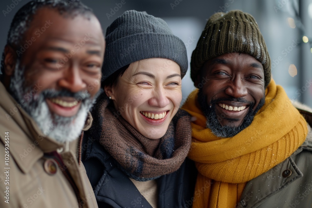 Portrait of three multiethnic friends in winter clothes looking at camera Portrait of three multiethnic friends in winter clothes looking at camera