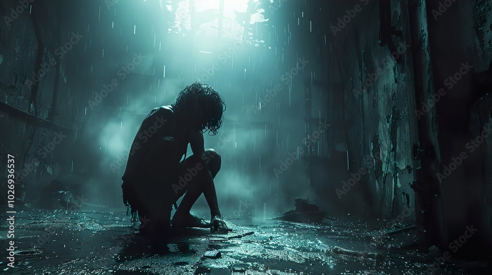 Silhouette of Loneliness: A Figure in the Rain Silhouette of Loneliness: A Figure in the Rain