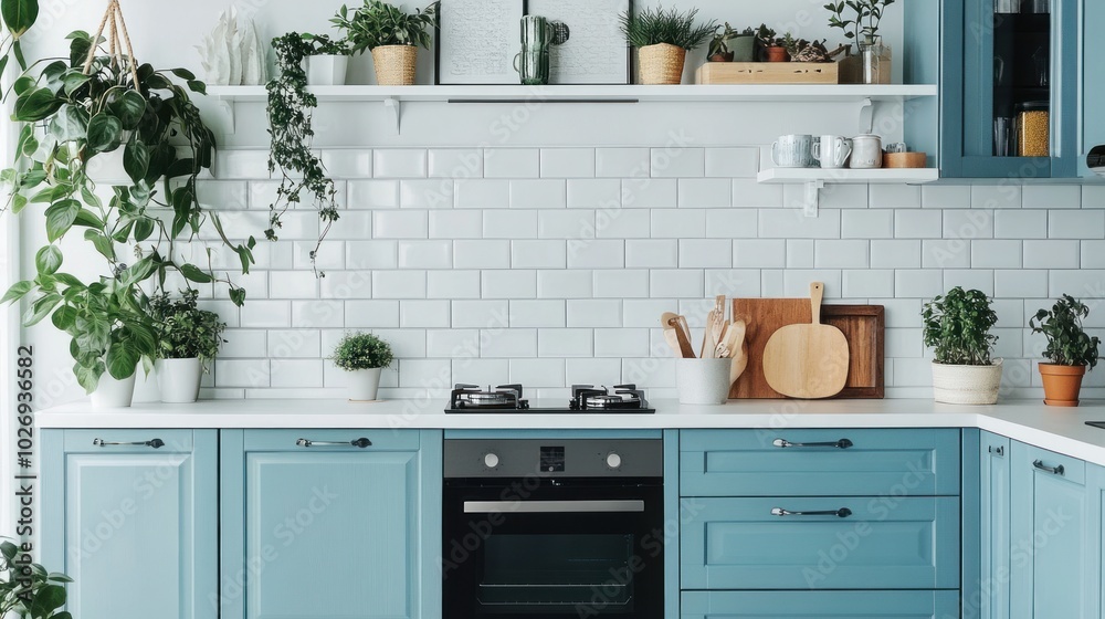 A kitchen with a black oven and a white stove. There are potted plants on the counter and a wooden cabinet A kitchen with a black oven and a white stove. There are potted plants on the counter and a wooden cabinet