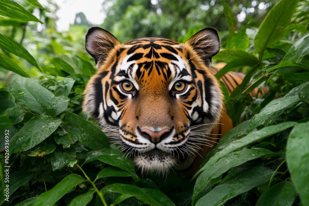 A tiger prowling through a lush jungle, with its orange and black stripes blending into the rich greenery, stalking silently through the undergrowth A tiger prowling through a lush jungle, with its orange and black stripes blending into the rich greenery, stalking silently through the undergrowth
