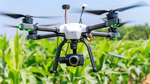 Drone with camera hovering above a field of green plants