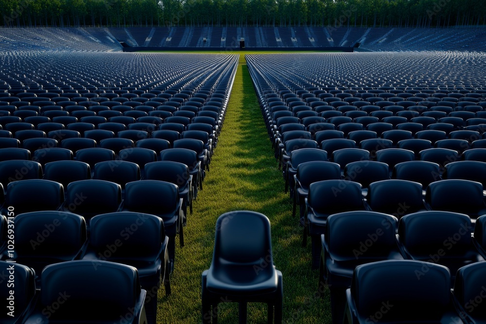 Fototapeta premium Aerial view of an empty stadium, with rows of empty seats and no activity, symbolizing the impact of the pandemic on sports and large public gatherings