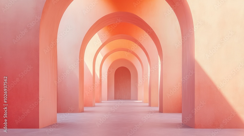 A long hallway with orange walls and orange steps. The steps are in a row and the hallway is very long A long hallway with orange walls and orange steps. The steps are in a row and the hallway is very long