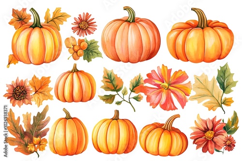 Collection pumpkins vegetable , flower, leaves isolated background