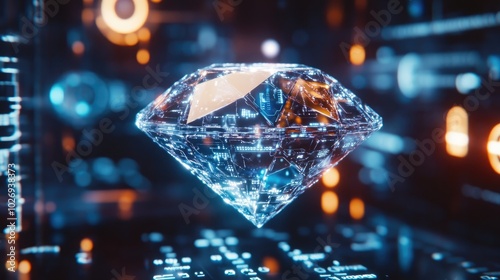 A dazzling diamond hovers in a sleek digital space, framed by holographic data points describing its cut, clarity, and color in intricate detail.