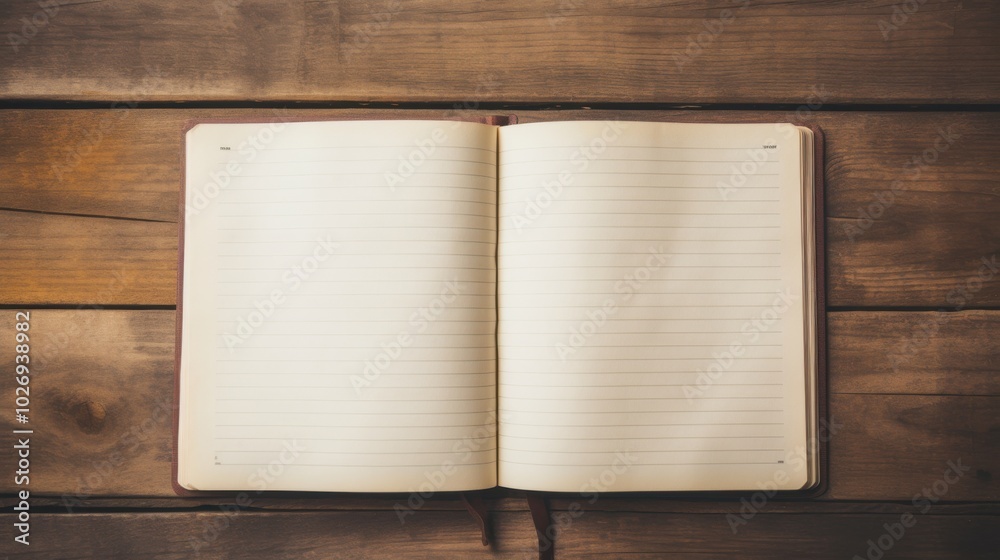 Fototapeta premium An open blank journal on a rustic wooden table invites thoughts and creativity, embodying potential and the promise of stories yet to be written.