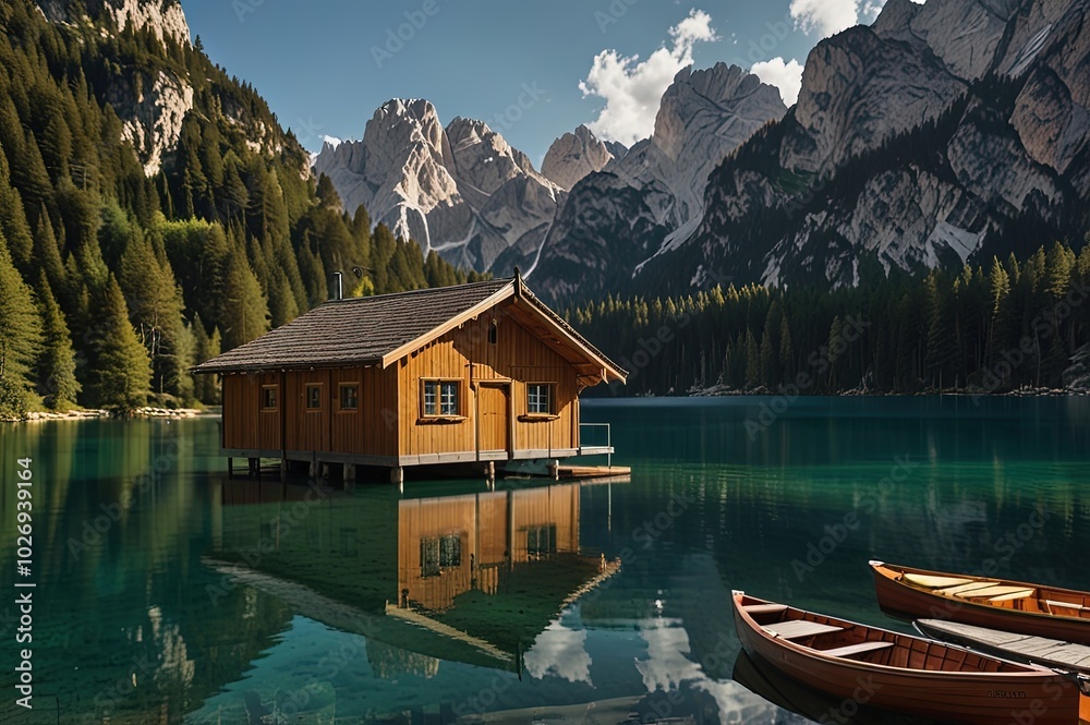 Fototapeta premium Boathouse on the lake - Lago di Braies, 2023, Italy