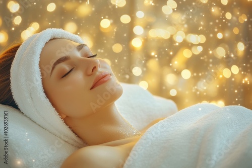a woman lying on a massage spa bed, surrounded by calming candlelight. Her relaxed expression and the cozy spa atmosphere convey a sense of peace and tranquility.