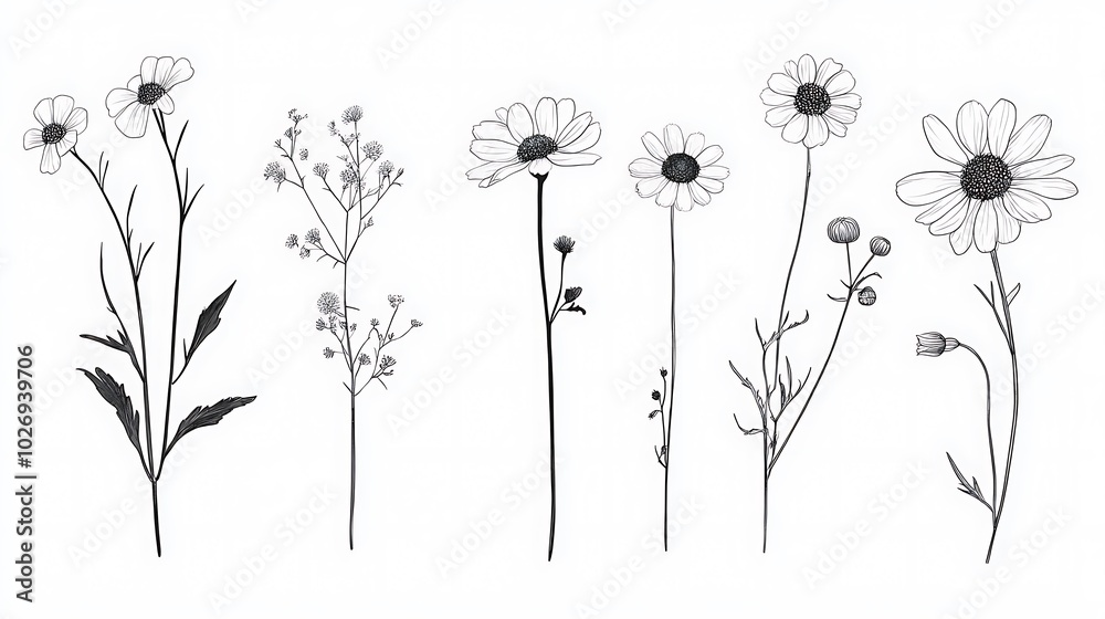 A black and white clipart bundle of wildflowers, a daisy and chamomile flower A black and white clipart bundle of wildflowers, a daisy and chamomile flower