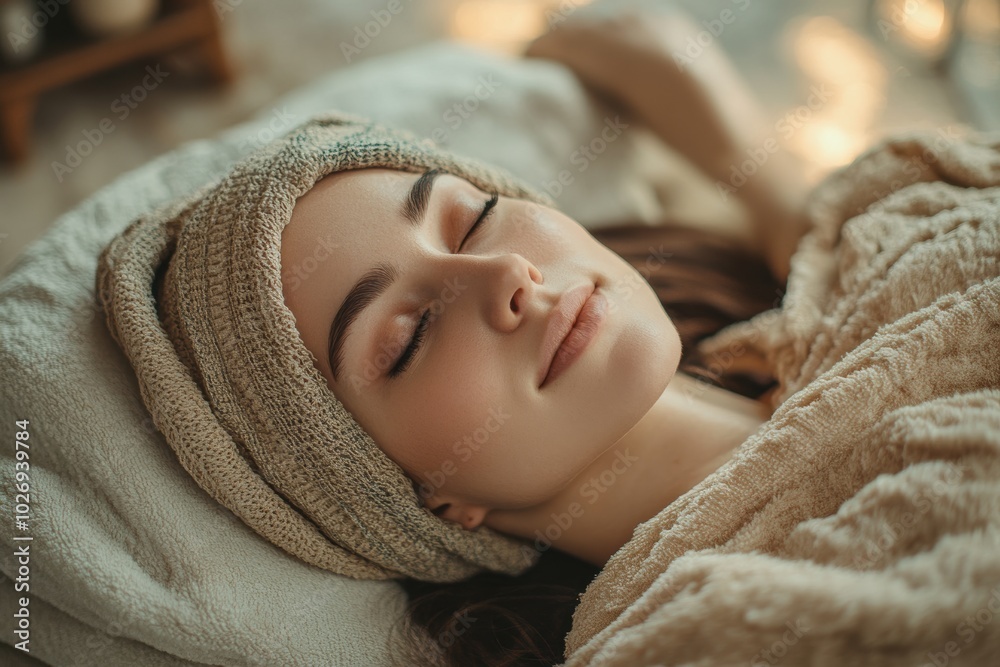 a woman lying on a massage spa bed, surrounded by calming candlelight. Her relaxed expression and the cozy spa atmosphere convey a sense of peace and tranquility. a woman lying on a massage spa bed, surrounded by calming candlelight. Her relaxed expression and the cozy spa atmosphere convey a sense of peace and tranquility.