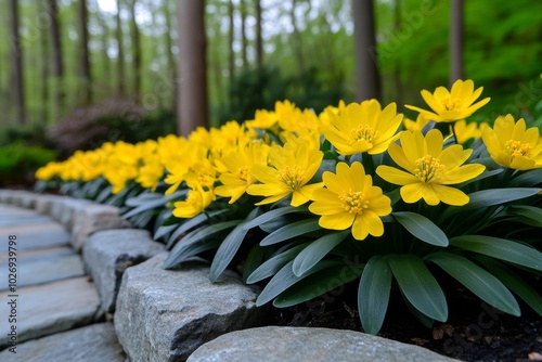 Eranthis hyemalis growing alongside a stone pathway, their cheerful blooms adding a burst of sunshine to an otherwise cool, early spring garden photo