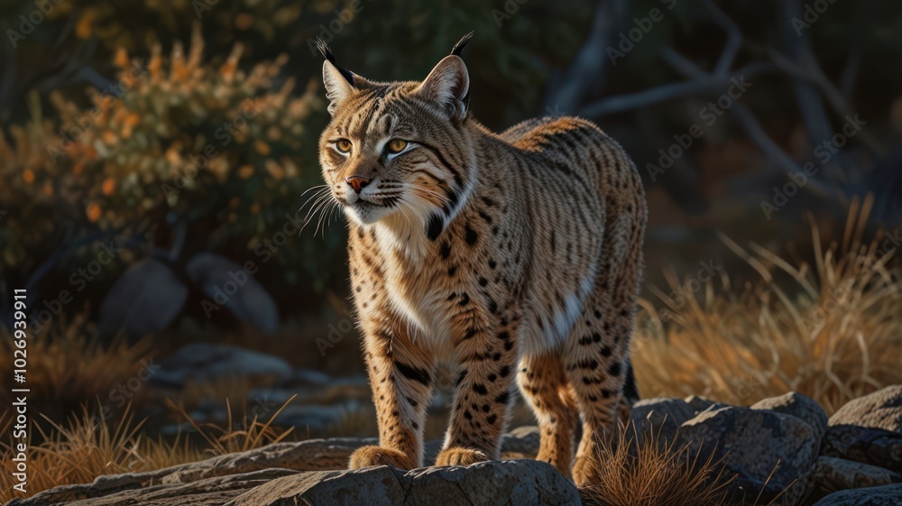 Obraz premium A majestic bobcat, its keen eyes piercing the undergrowth, blends seamlessly with the forest floor