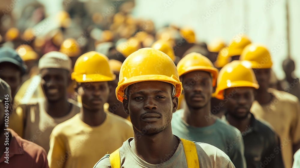 Construction Workers in Line Wearing Hard Hats Construction Workers in Line Wearing Hard Hats