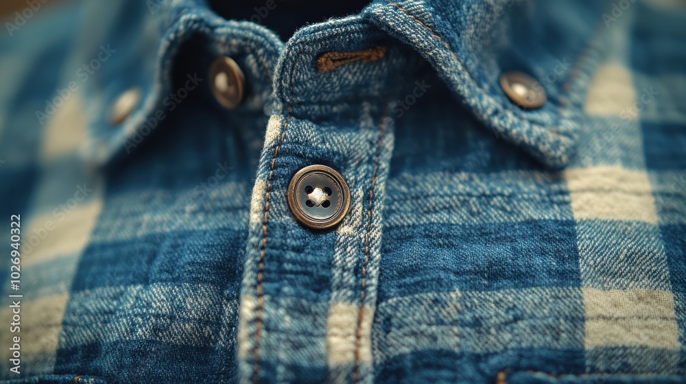 A close-up showcases the classic blue and white checkered fabric of a shirt, emphasizing texture and pattern in a timeless fashion staple. A close-up showcases the classic blue and white checkered fabric of a shirt, emphasizing texture and pattern in a timeless fashion staple.