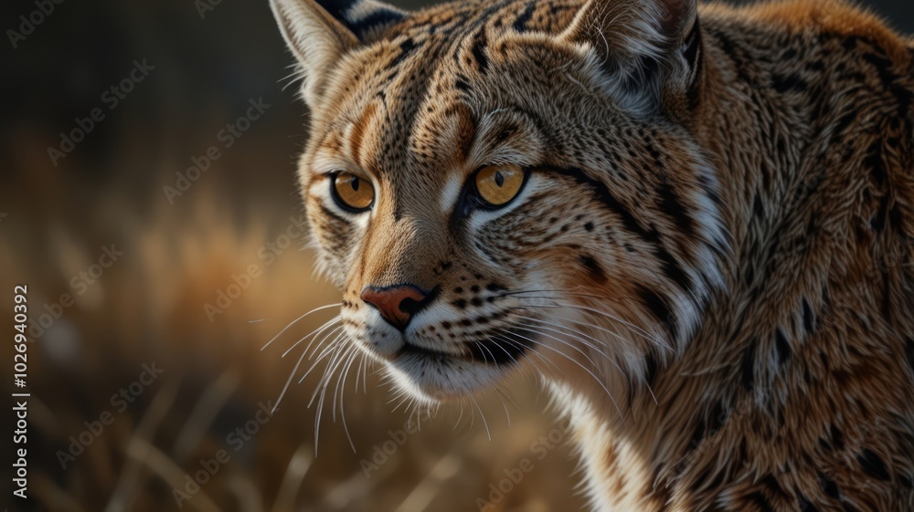 A majestic bobcat, its keen eyes piercing the undergrowth, blends seamlessly with the forest floor A majestic bobcat, its keen eyes piercing the undergrowth, blends seamlessly with the forest floor