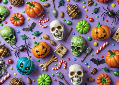 Halloween Vector Seamless Pattern with Pumpkins, Skulls, Bats, and Ghosts on Purple Background for Spooky Celebrations photo