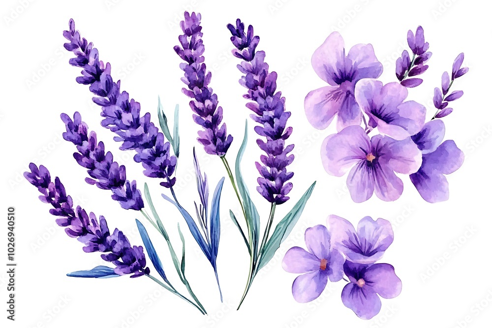 Naklejka premium Watercolor lavender flowers,floral design purple elements