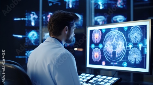 A focused doctor examines brain scans on a high-tech screen, highlighting meticulous attention and medical expertise. photo