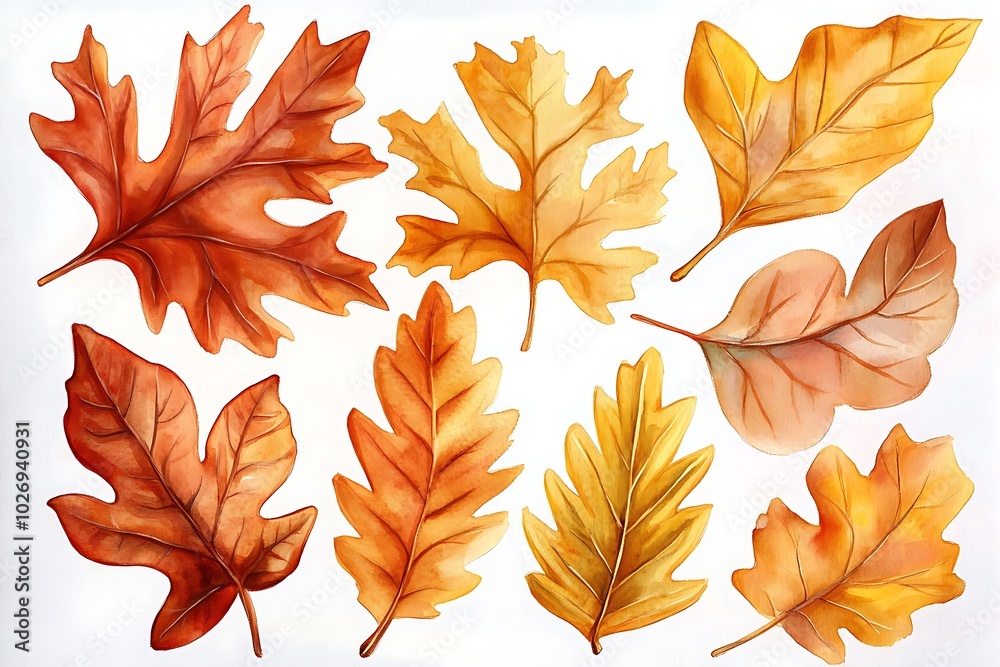 Fototapeta premium Realistic fall oak, birch leaves, warm autumn colors, hand-painted watercolor illustrations