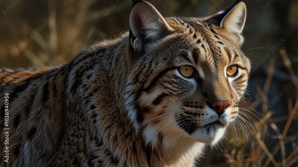 A majestic bobcat, its keen eyes piercing the undergrowth, blends seamlessly with the forest floor A majestic bobcat, its keen eyes piercing the undergrowth, blends seamlessly with the forest floor