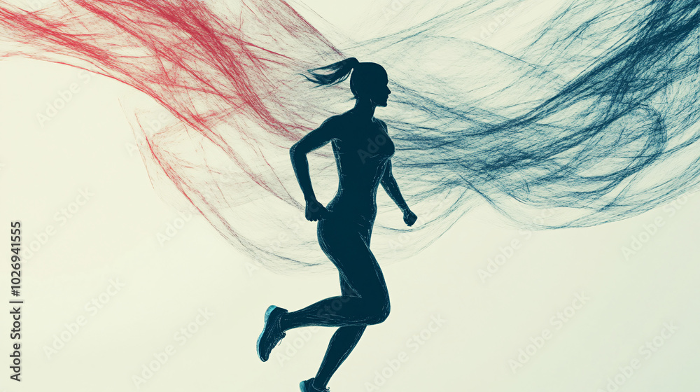silhouette of a woman running with abstract red and blue swirls background silhouette of a woman running with abstract red and blue swirls background