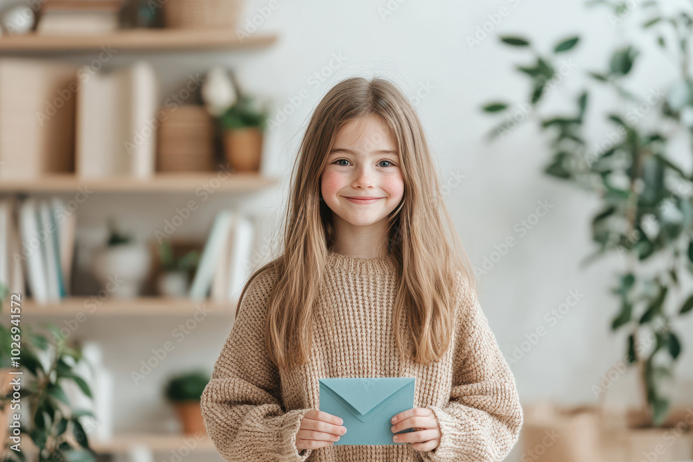 Portrait of a smiling girl holding an envelope in a cozy, minimalist home interior, natural light and soft colors Portrait of a smiling girl holding an envelope in a cozy, minimalist home interior, natural light and soft colors