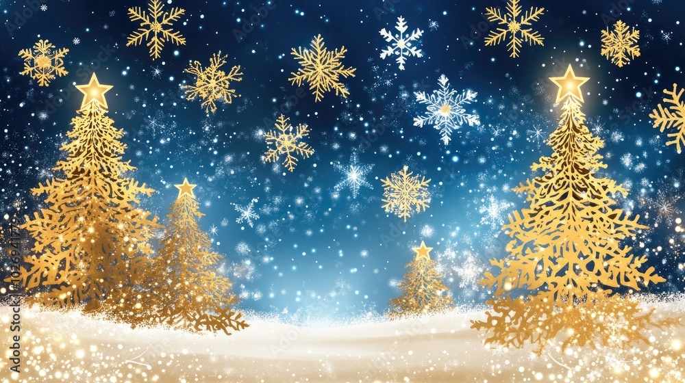 A stunning winter wonderland with golden paper cutout trees and snowflakes, contrasting against a rich starry sky in a magical Christmas night scene. A stunning winter wonderland with golden paper cutout trees and snowflakes, contrasting against a rich starry sky in a magical Christmas night scene.