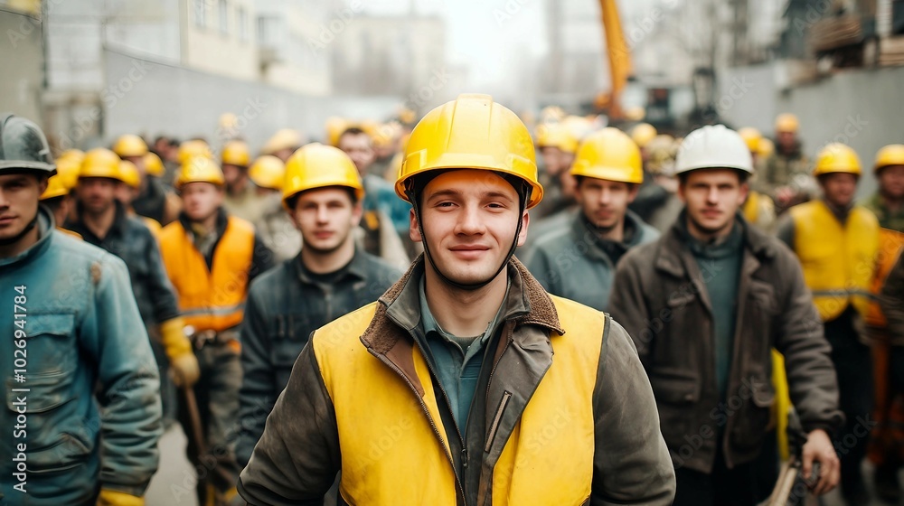 Construction Worker in a Crowd of Fellow Workers Construction Worker in a Crowd of Fellow Workers