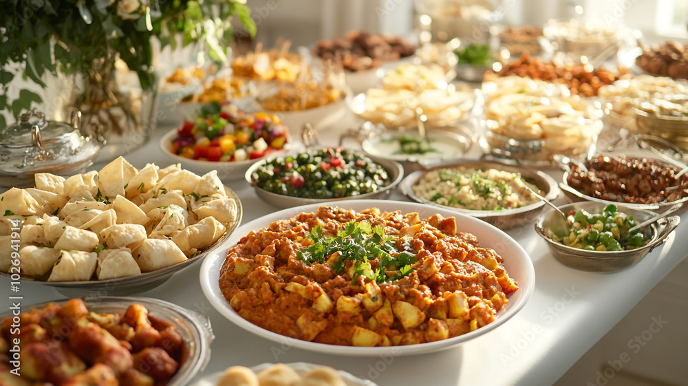 A festive table filled with a variety of traditional dishes at a family gathering in a cozy home