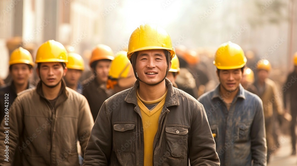 Construction Workers in Yellow Hard Hats Walking Through a City Construction Workers in Yellow Hard Hats Walking Through a City