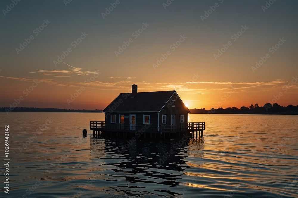 Silhouette of a house on water at sunset
