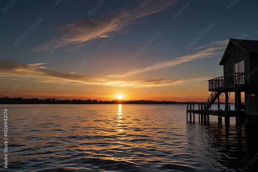 Silhouette of a house on water at sunset Silhouette of a house on water at sunset