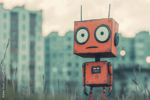 Illustration of a red robot with a surprised expression in an urban landscape, quirky and futuristic design