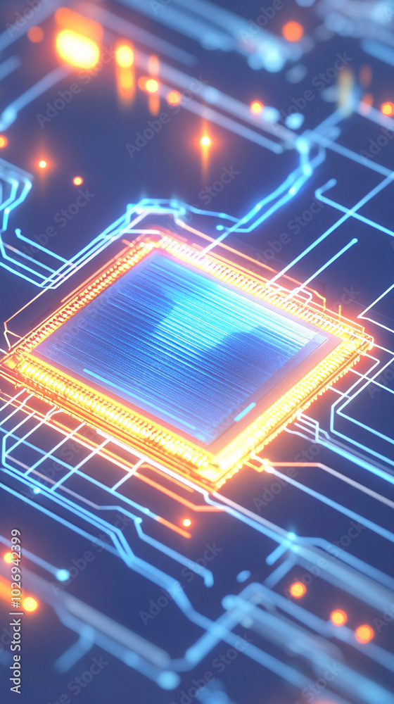 Fototapeta premium abstract blue and orange neon glowing circuit board technology background 3d render illustration