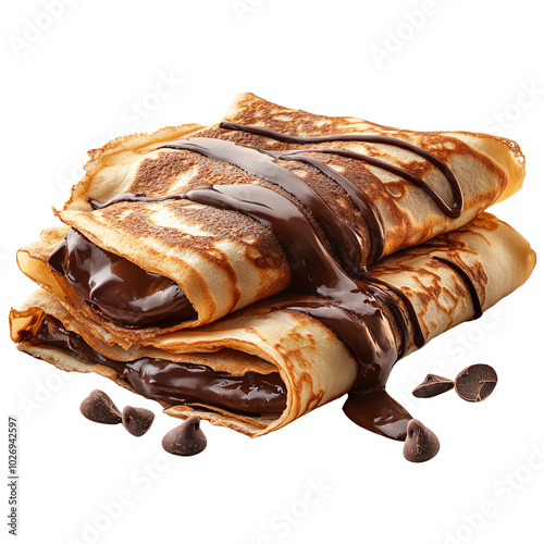 Delicious chocolate-filled crepes topped with rich chocolate sauce, perfect for dessert or a sweet treat.,transparent background