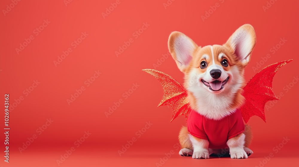 Cute Corgi in Dragon Costume with Vibrant Red Background Cute Corgi in Dragon Costume with Vibrant Red Background