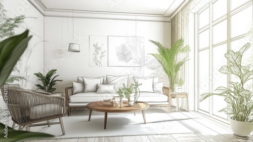 Minimalist Chic Living Room Interior with Sketch Lines, Light Green Accents, and Indoor Plants in Wide-Angle Shot