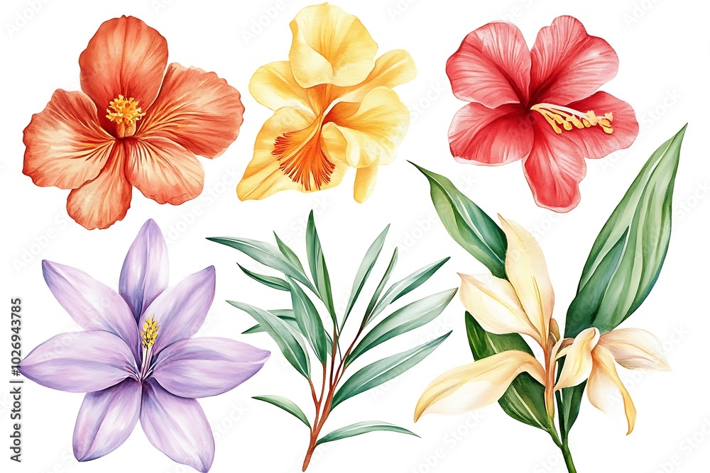 Set of tropical flowers and leaves on an isolated white background Set of tropical flowers and leaves on an isolated white background