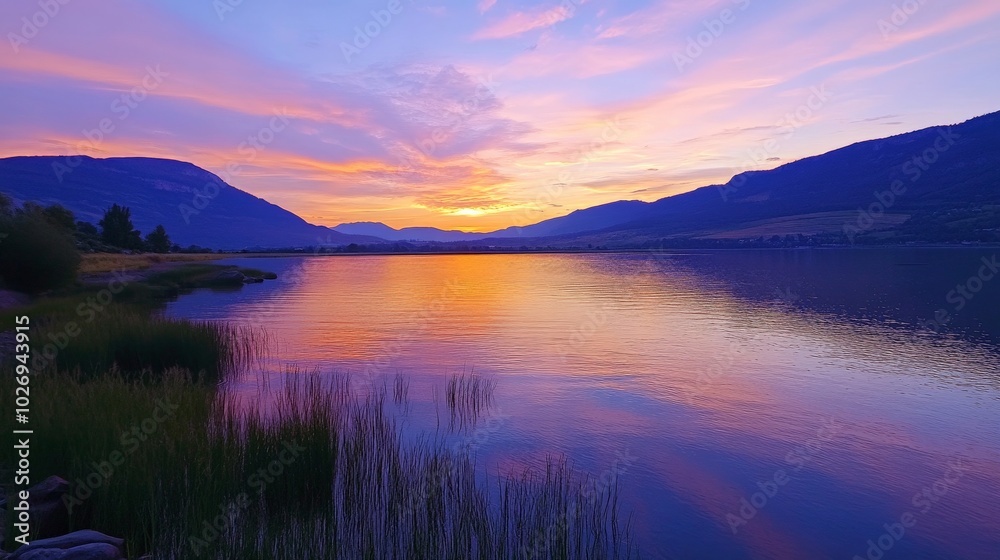 Fototapeta premium Serene Sunset Reflection on a Tranquil Lake Surrounded by Mountains