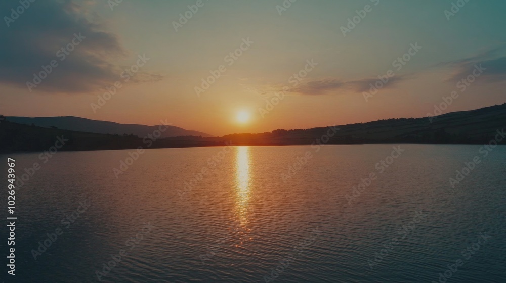 Fototapeta premium Peaceful Sunset Reflection on Serene Lake Surrounded by Rolling Hills