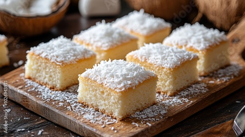 A plate of four slices of white cake with coconut on top. The cake is sitting on a wooden table