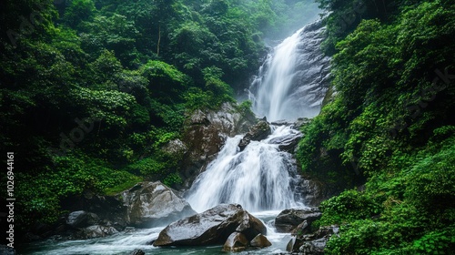 A serene waterfall cascading through lush greenery, creating a tranquil natural scene.