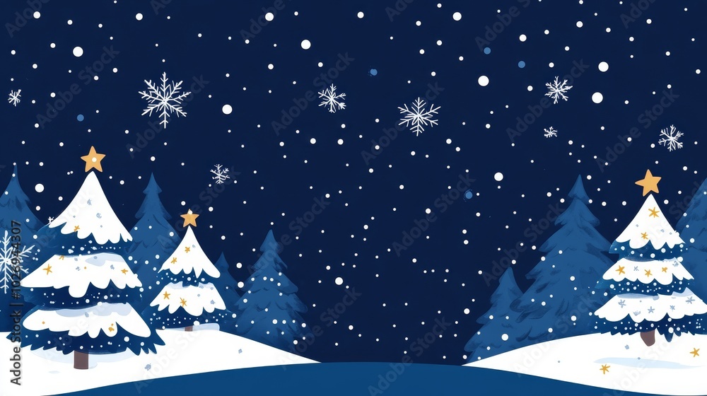 A winter scene with snow-covered trees and falling snowflakes against a dark blue background. A winter scene with snow-covered trees and falling snowflakes against a dark blue background.