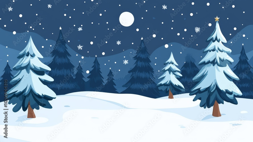 Fototapeta premium A serene winter landscape featuring snow-covered trees under a starry night sky.