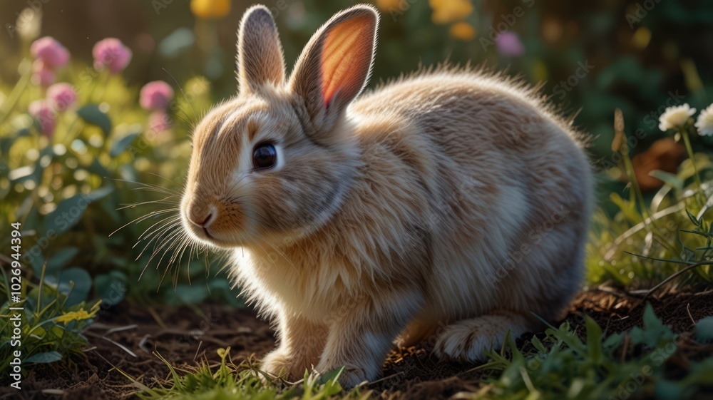 Fototapeta premium A heartwarming scene: a baby rabbit enjoying the beauty of nature.