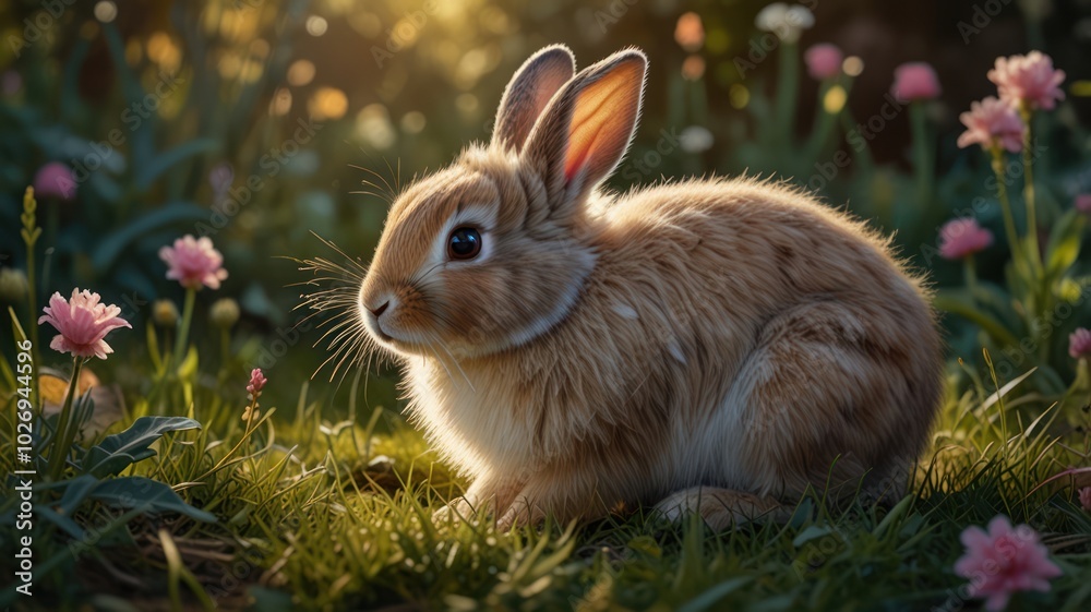 Fototapeta premium A heartwarming scene: a baby rabbit enjoying the beauty of nature.
