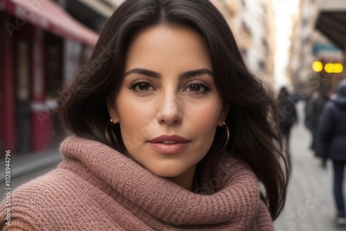 A beautiful brunette woman wearing a knitted sweater on the street