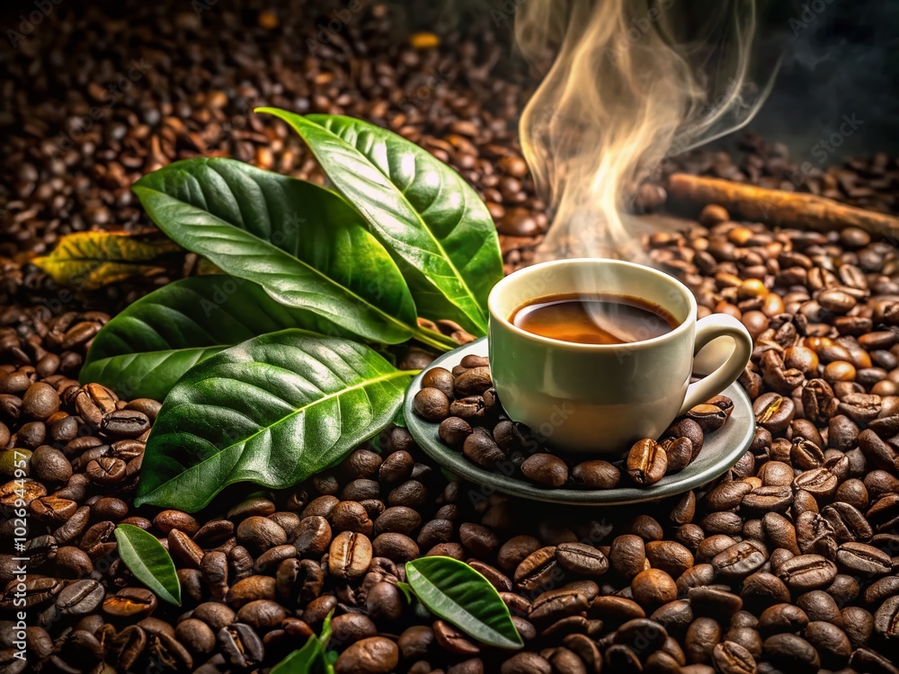 High Dynamic Range Coffee Cup with Coffee Leaves and Beans for a Cozy Morning Vibe