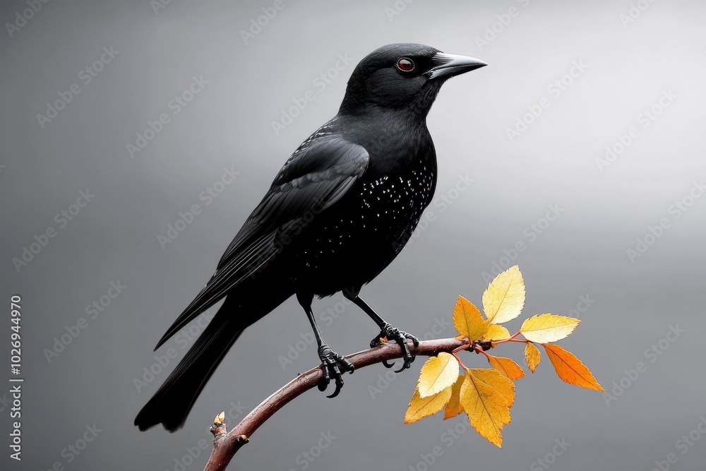 Fototapeta premium Single bird perched on a branch, set against a blank sky, with just the outline of its form and a few leaves, capturing the beauty of nature in its most minimal form